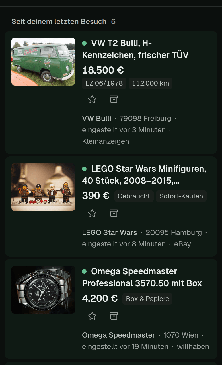 Der Suchagent in der Web-App: Liste neuer Treffer mit Foto, Preis, Ort, Zeit und Marktplatz