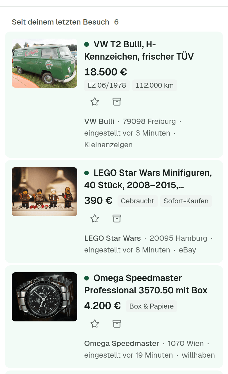 Der Suchagent in der Web-App: Liste neuer Treffer mit Foto, Preis, Ort, Zeit und Marktplatz